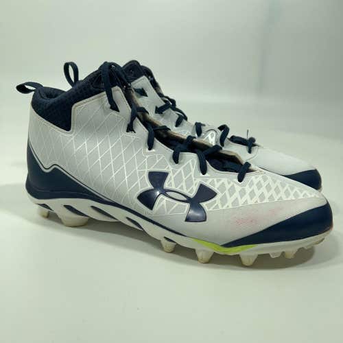 Under Armour Mens Football Cleat Size 14 White Navy Nitro Mid Shoe Lacrosse H2