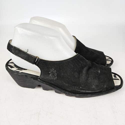 Fly London Palp Black Nubuck Leather Slingback Wedge Sandal Open Toe Size 38 / 7