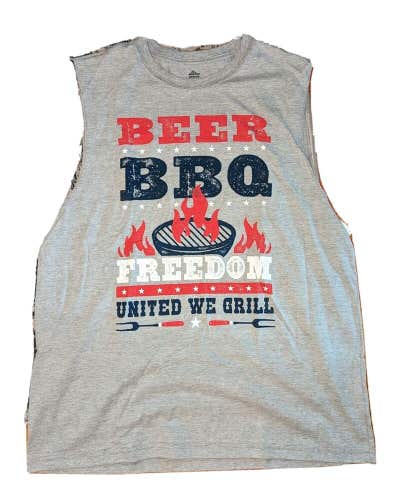 Celebrate Mens Gray Americana BEER BBQ FREEDOM UNITED Muscle Tank Top L Labor