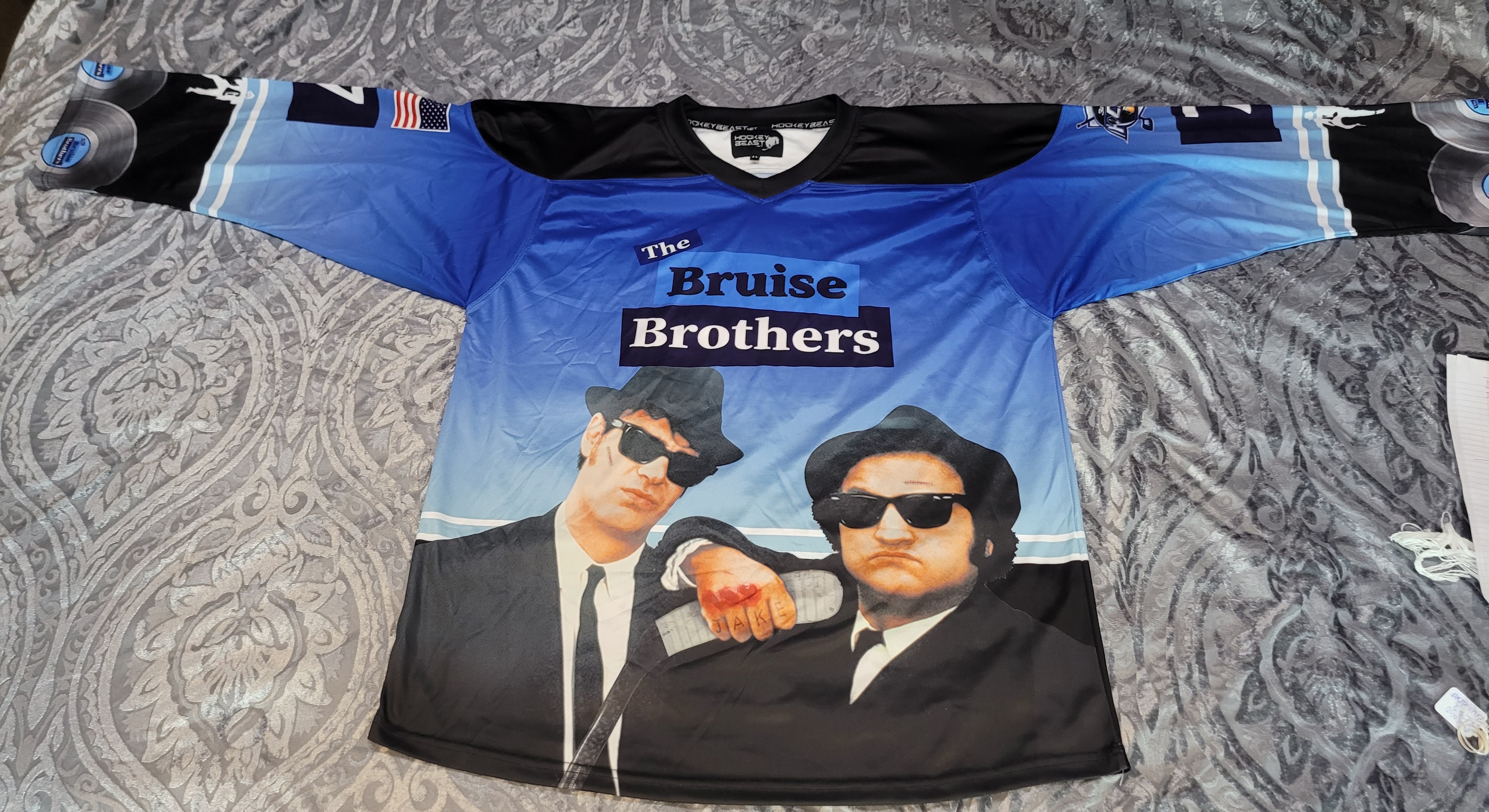 BLUES BROTHERS (BRUISE BROTHERS) TRIBUTE HOCKEY JERSEY XL #7 CUSTOM UNIQUE  3RD LINE HOCKEY