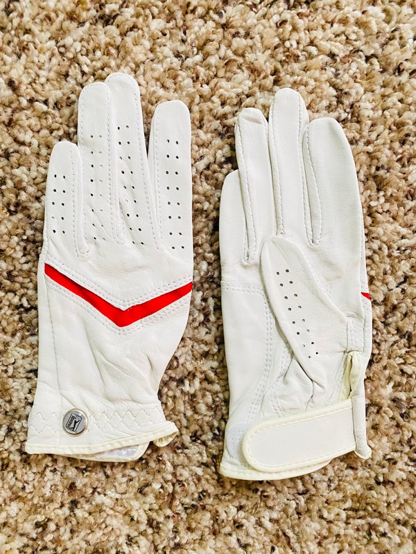 New PGA Leather Lady's pair of golf gloves. White red. Inc. Button Marker. sz 18