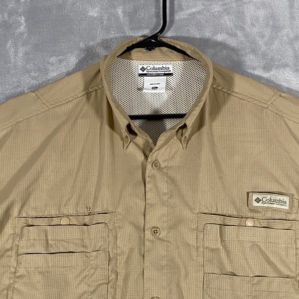 Columbia PFG Shirt Mens XL Tan Long Sleeve Vented Caped Fishing Logo  Pockets UPF