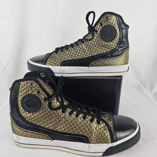 PF Flyers Womens Size 9.5 Mens 8 High Top Shoes Gold Black Leather Sneakers