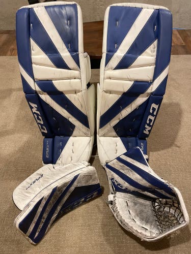 Goalie legs pads, glove, and blocker