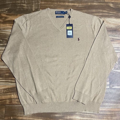 NEW Polo Ralph Lauren V-Neck Sweater Men's Size XXL Brown Tan 100% Pima Cotton