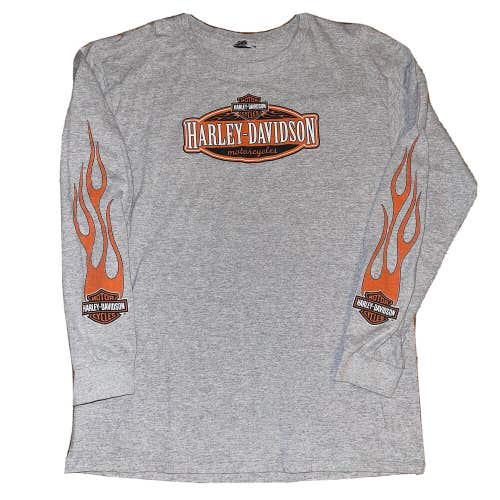 Harley Davidson Long Sleeve Spell Out Flames Fire Logo T-Shirt Size Medium Gray