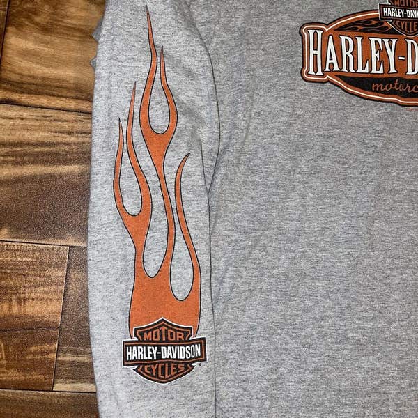 Harley Davidson Long Sleeve Spell Out Flames Fire Logo T