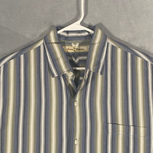 Tommy Bahama Shirt Mens Large Striped 100% Silk Short Sleeve Pocket Casual Camp