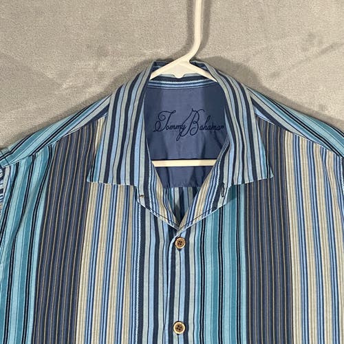 Tommy Bahama Shirt Mens Large Blue Striped 100% Lyocell Short Sleeve Casual Camp