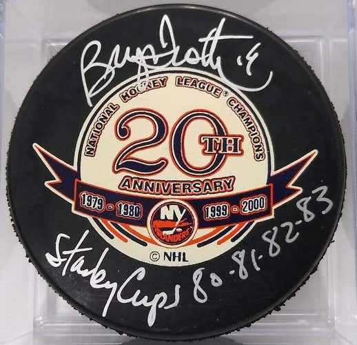BRYAN TROTTIER 20th Anniversary NY Islanders Signed NHL Hockey Puck Stanley Cups