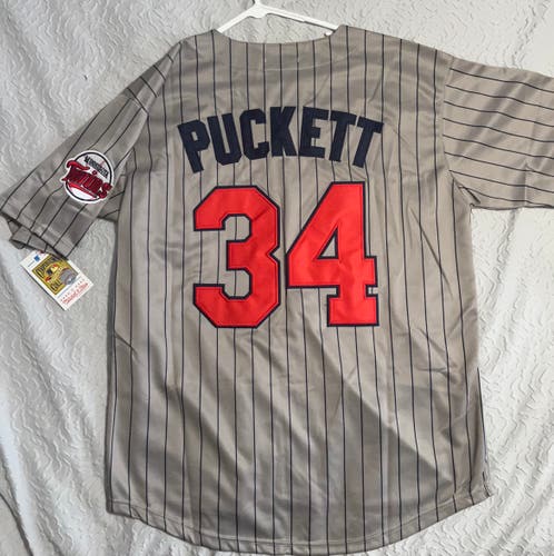 MINNESOTA TWINS KIRBY PUCKETT #34 THROWBACK JERSEY GREY/RED NWT L