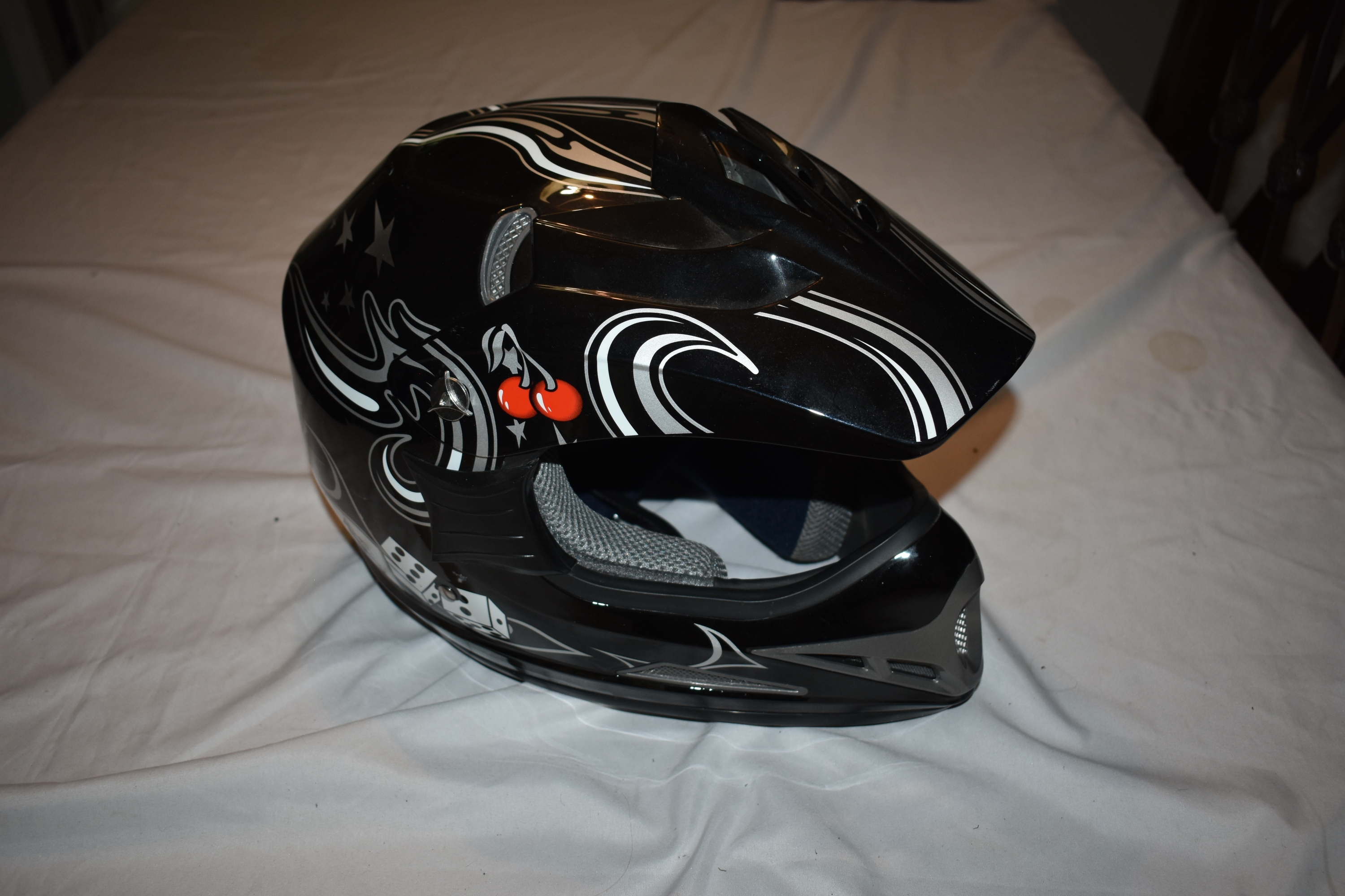 X4 Motocross Helmet, Black, Dice/Cherry/Skull/etc, Adult Medium - Great Condition!