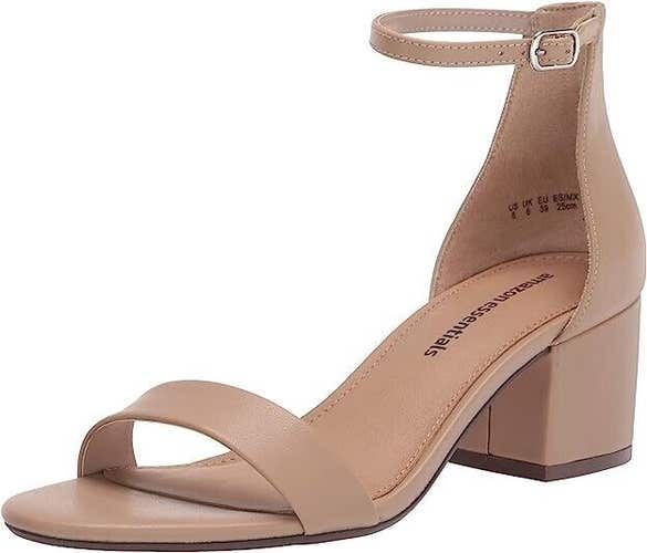 Amazon Essentials Women's Two Strap Heeled Sandal, Beige Faux Leather, 9.5