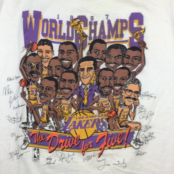 American Classic 1987 La Lakers NBA Drive for Five Vintage Caricature Single Stitch T-Shirt. Measures S/Xs