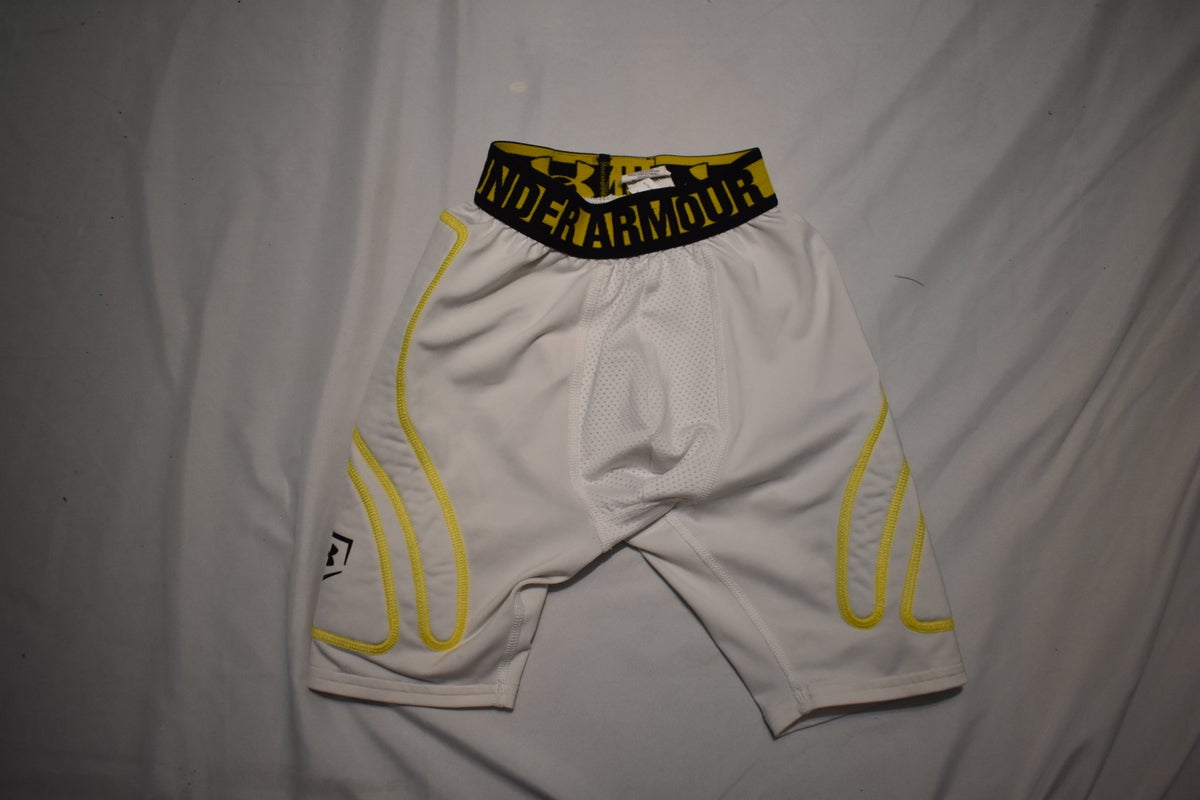 Under Armour Fitted Heatgear Baseball Sliding Shorts w/Cup Pocket, White/Yellow, Youth Small