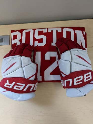 Used Boston University Bauer Vapor 2X Pro Gloves 13" Pro Stock & Game Used Jersey