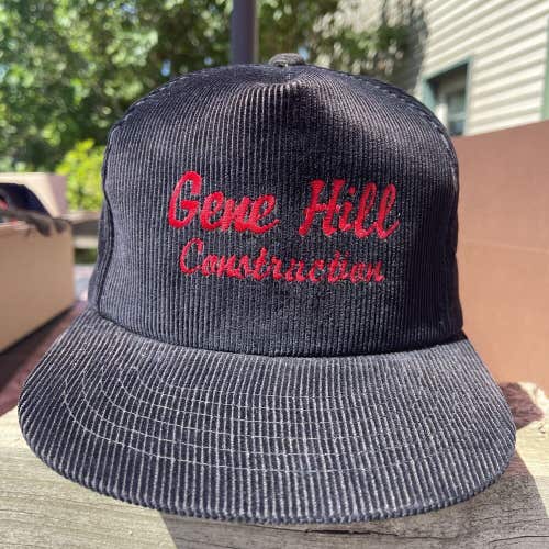 Vintage Gene Hill Construction Black Corduroy Embroidered Trucker Hat Wisconsin