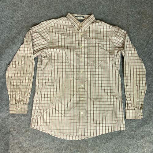 Eddie Bauer Mens Shirt Large Tall Tan Brown Plaid Button Front Long Sleeve Top ^