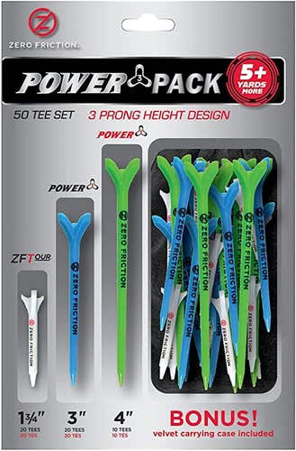Zero Friction 3-Prong Tees Power Pack (1.75" White, 3" Blue, 4" Green, 50pk) NEW