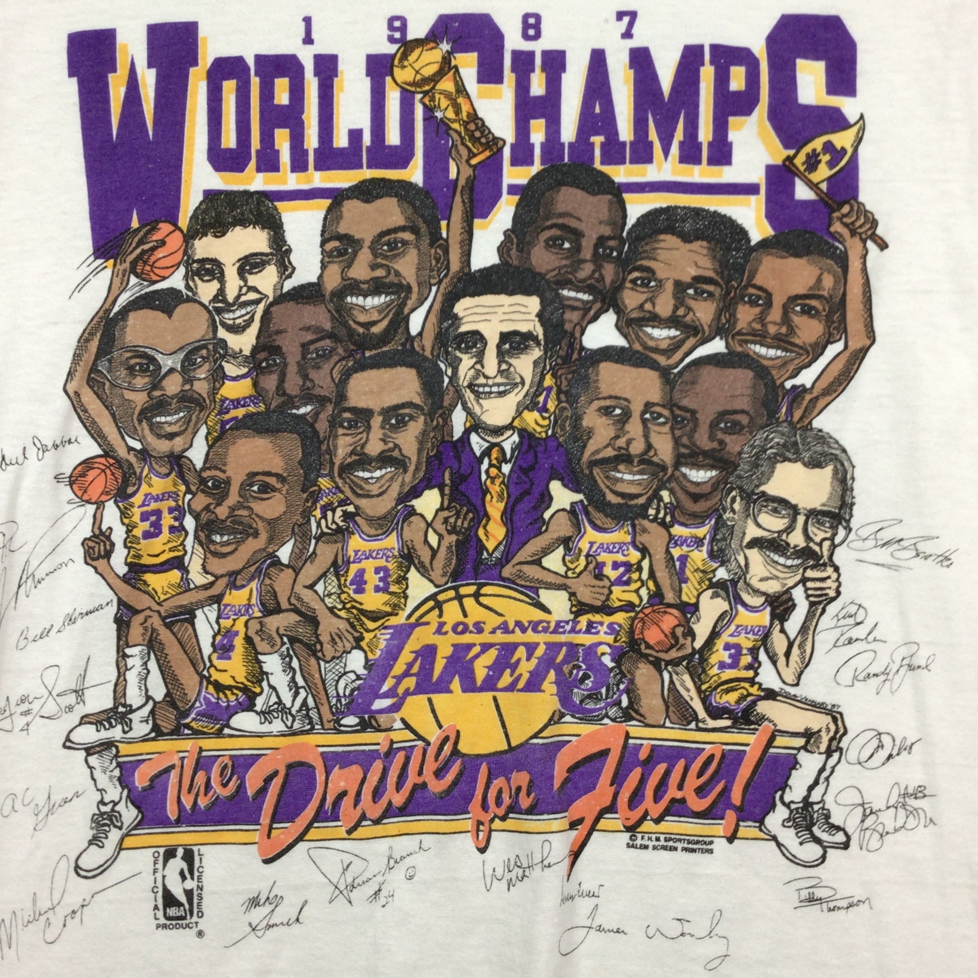 American Classic 1987 La Lakers NBA Drive for Five Vintage Caricature Single Stitch T-Shirt. Measures S/Xs