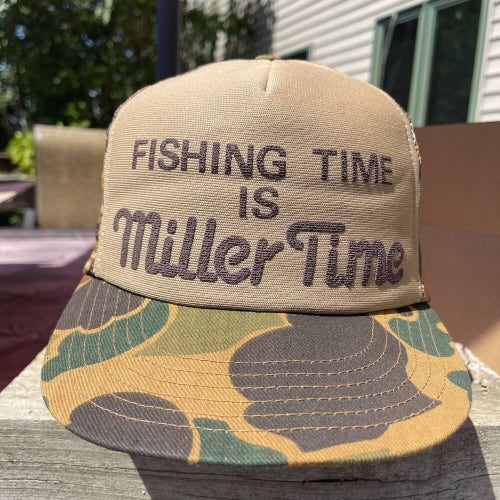 Vintage Miller Time Fishing Beer Camo Hunting Snapback Trucker Hat RARE USA 80s