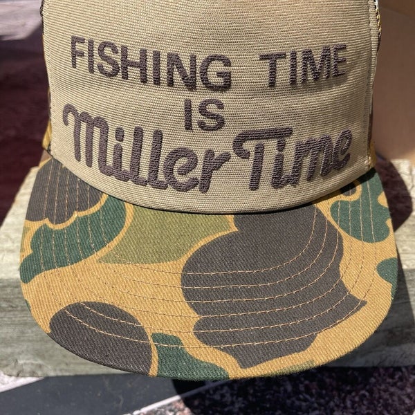 Vintage Miller Time Fishing Beer Camo Hunting Snapback Trucker Hat RARE USA  80s