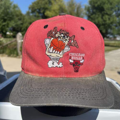 Vintage Chicago Bulls x Looney Tunes Snapback Hat Cap Red Black Taz YOUTH 1996