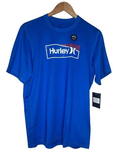 NEW Hurley Mens Rashguard Size Medium Surf Shirt Blue Stars Short Sleeve Top