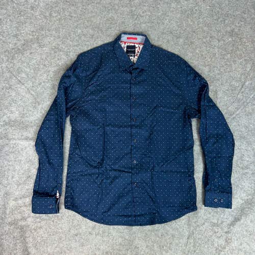 Denim and Flower Mens Shirt Large Navy Polka Dot Button Front Long Sleeve Top