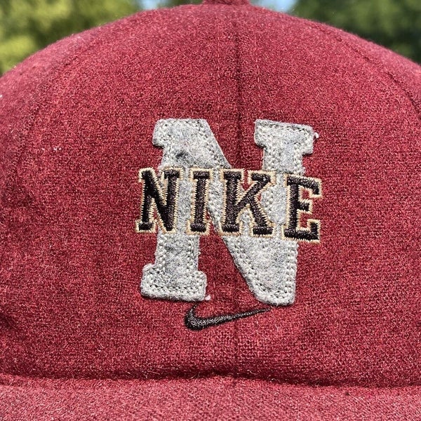 Vintage Nike Strapback Swoosh Logo Red Maroon Embroidered Check Spellout Hat Cap