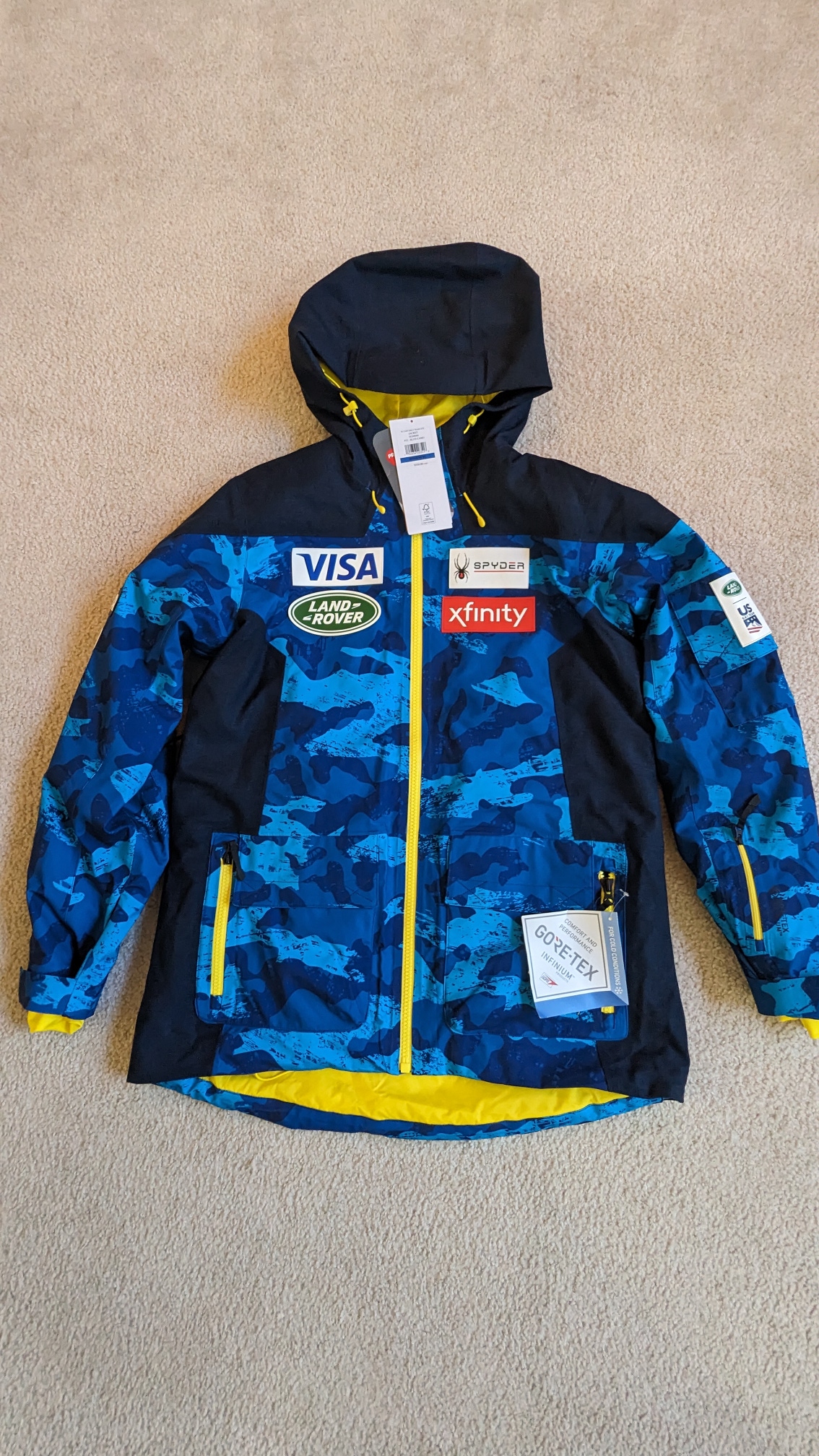 NEW  - Women's Spyder US Ski Team GTX Hooded Jacket - Blue Camo - XL - Sponsor's Logos