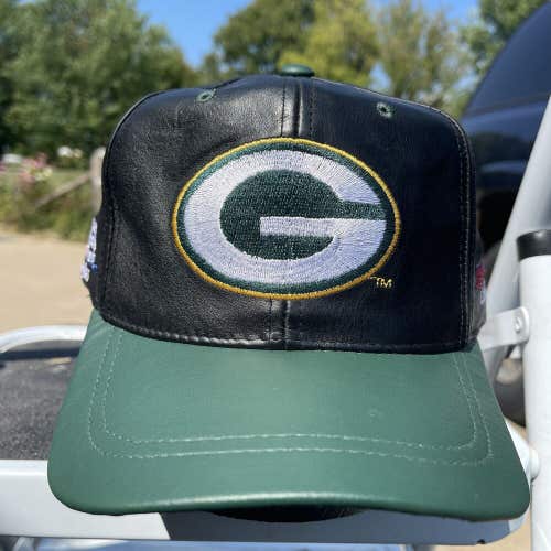 Vintage Green Bay Packers Leather Strapback Hat Super Bowl XXXI - Back Spellout!