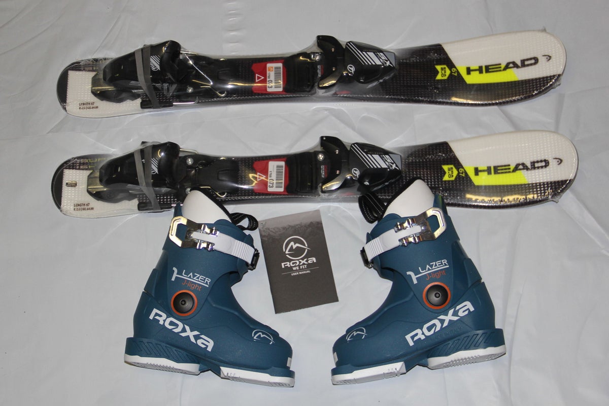 NEW 67cm HEAD Supershape team kids skis + bindings SX4.5 + ROXA boots 15.5 set NEW