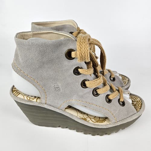 Fly London Yaba Women's Gray Suede Lace-Up Wedges Sandals Shoes Size: 37 / 6.5