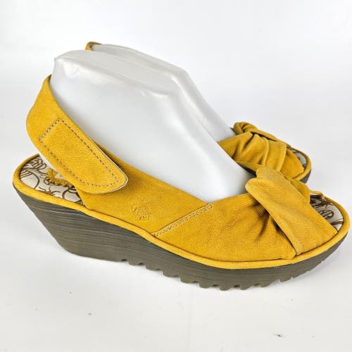 Fly London Yakin Mustard Yellow Slingback Leather Open Toe Wedge Heel 40 / 9-9.5