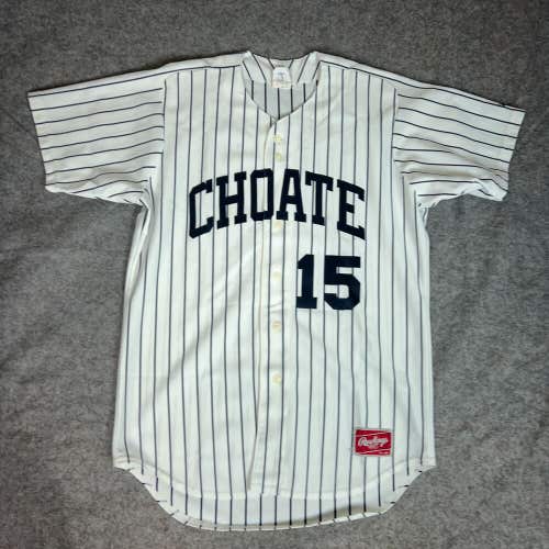 Choate Mens Baseball Jersey Large Rawlings White Navy Pinstripe Button Front 15