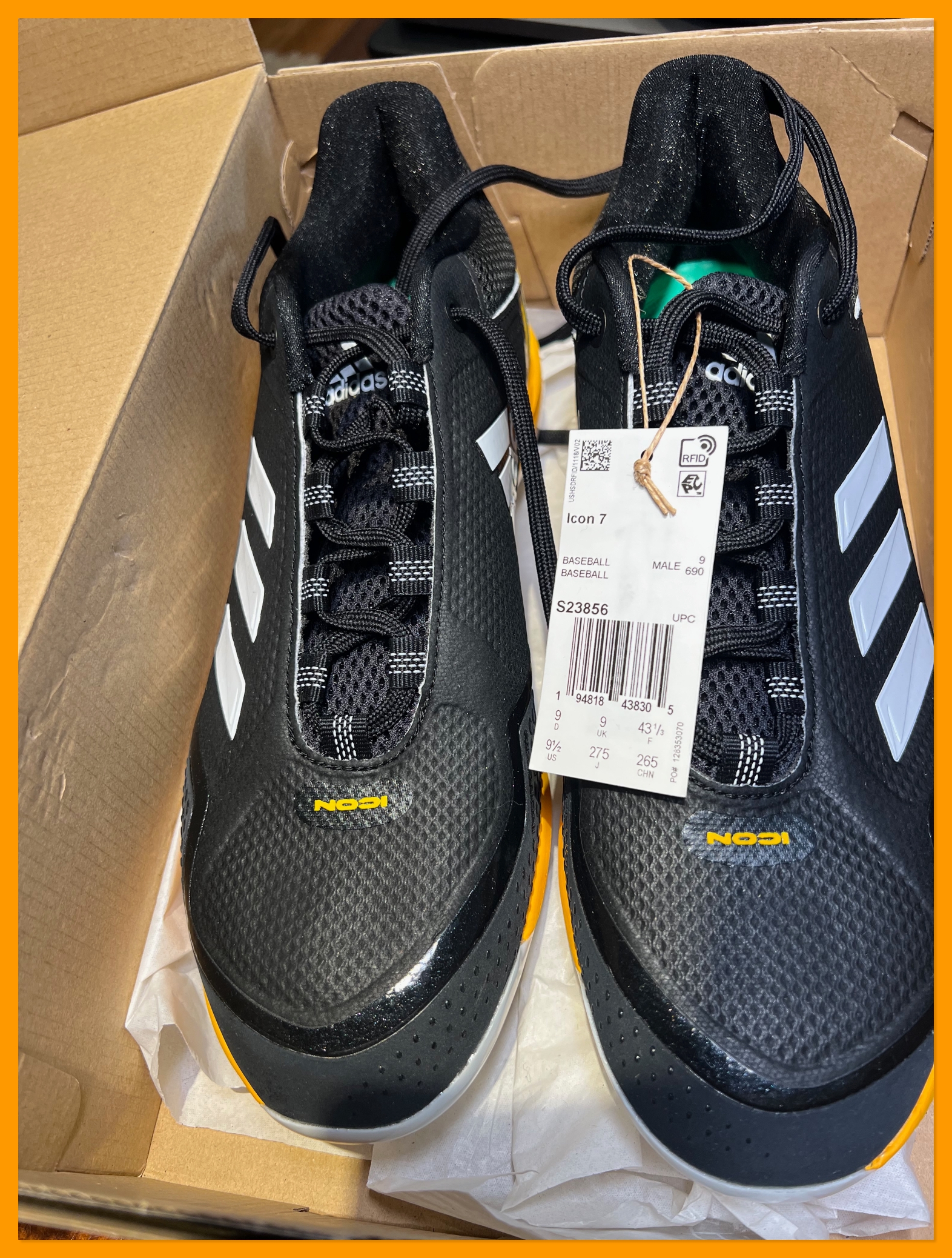 Adidas Icon 7 Metal Cleats | Size 9.5 Men | Black & Yellow Low Top [Special for EvoShield Canes]