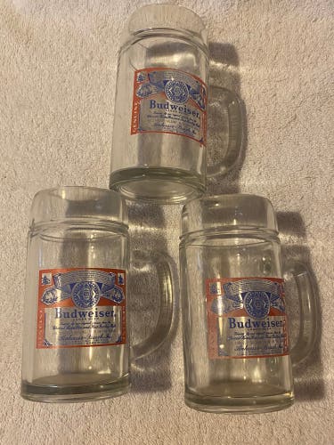 Budweiser 3 Large Glass Beer Mugs