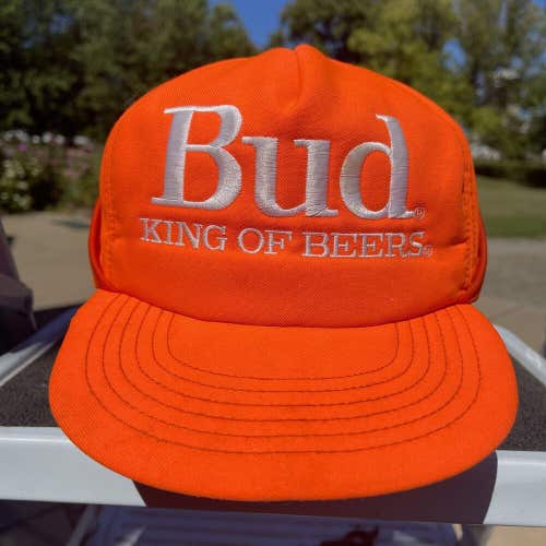 Vintage Bud King of Beers Blaze Hunters Orange Hat Ear Flaps Size Medium M Rare
