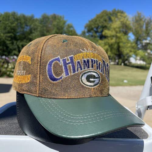 Vintage 90s Green Bay Packers Super Bowl XXXI Leather Snapback Hat USA Made NFL