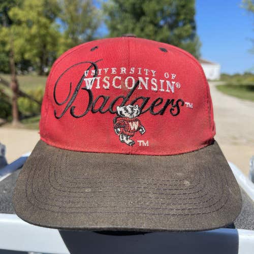 Vintage University Of Wisconsin Badgers NCAA Signatures Script Snapback Hat Cap