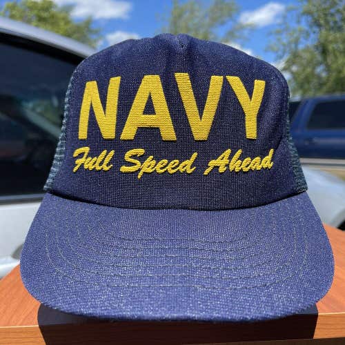 Vintage Full Speed Ahead NAVY Trucker Hat 3D Puff Logo Snapback Cap Made in USA