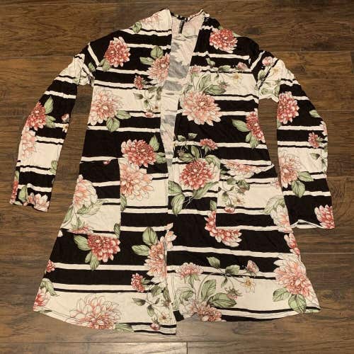E.Luna Women's Floral Striped Overlay Poncho Cardigan Coverall Top Shirt Sz Lg