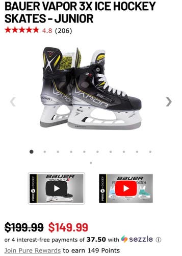 BAUER VAPOR 3X ICE HOCKEY SKATES - JUNIOR Size 2.5