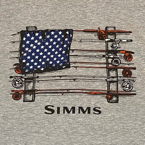 Simms T Shirt Men Medium Grey Short Sleeve American Flag Rod & Reel Fishing  Rack