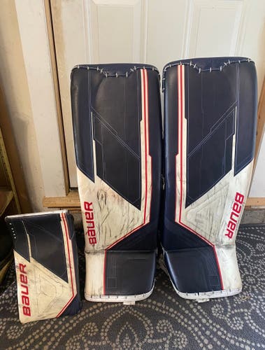 Bauer Supreme Mach Pro Stock Return Hockey Goalie Pads And Blocker Set Navy Red Large 35+1
