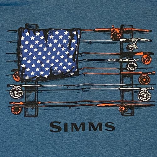 Simms T Shirt Men Medium Blue Short Sleeve American Flag Rod & Reel Fishing Rack
