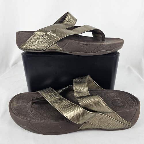 FITFLOP Lulu Shimmer Cross Slide Sandal Womens Size 9 Brown Gold Faux Leather