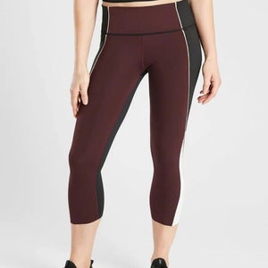 Athleta Velocity Colorblock Capri Womens Leggings Cropped Maroon Black Size: S