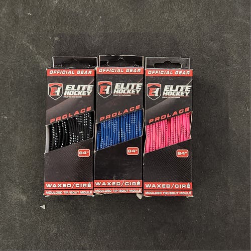 New Elite Hockey WAXED Molded Tip Laces [Size Jr 3.5-5.5/84"] (3- Pack: Blk, Pink, Royal)
